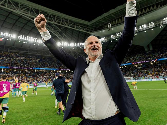 Australia's coach Graham Arnold (C) celebrates with teammates after they won the Qatar 2022 World Cup Group D football match between Australia and Denmark at the Al-Janoub Stadium in Al-Wakrah, south of Doha on November 30, 2022. Picture: Facebook / Socceroos