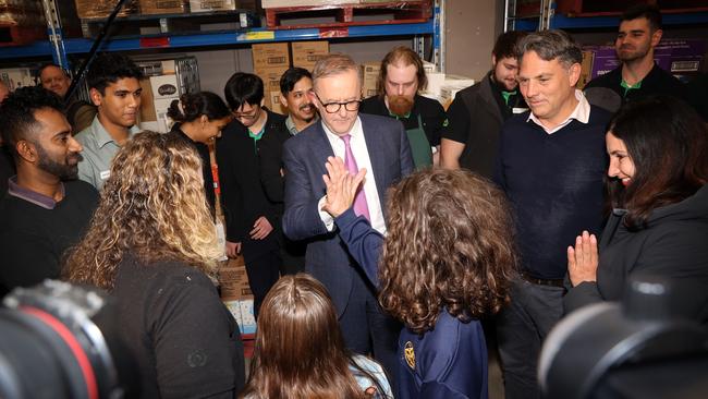 Federal Labor leader Anthony Albanese pictured meeting workers in a Woolworths warehouse in the seat of Chisholm tonight. Picture: Sam Ruttyn