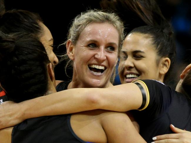 17.07. 2016,  Leana de Bruin of the Magic celebrates with her team after defeating the Steel in the New Zealand Conference final netball match between the Steel and Magic at the ILT Stadium Southland, Invercargill, Mandatory Photo Credit  ©Michael Bradley Photography.