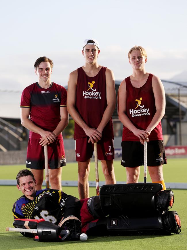 Cairns Hockey players will attend state selection trials in Brisbane this weekend as they vie for a spot in the Queensland team that will compete at the Australian U18 National Championships in Launceston in April. Brayden Naess, 16, Aden Conlan, 17, and Cade Coghlan, 16., with Jesse Folpp, 16, in front. Picture: Stewart McLean