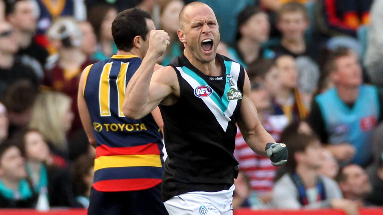 Chad Cornes celebrates kicking the opening goal in the Showdown. Picture: Simon Cross