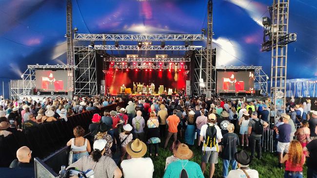 Live music fans gathered under a main stage tent at Bluesfest, which returned to Byron Events Farm in 2022 after a three-year Covid delay. Picture: Tao Jones