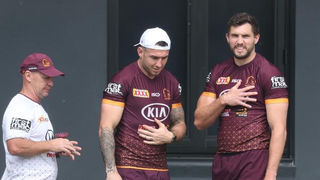 Darius Boyd and Corey Oates at Broncos training at Red Hill. Picture: Annette Dew