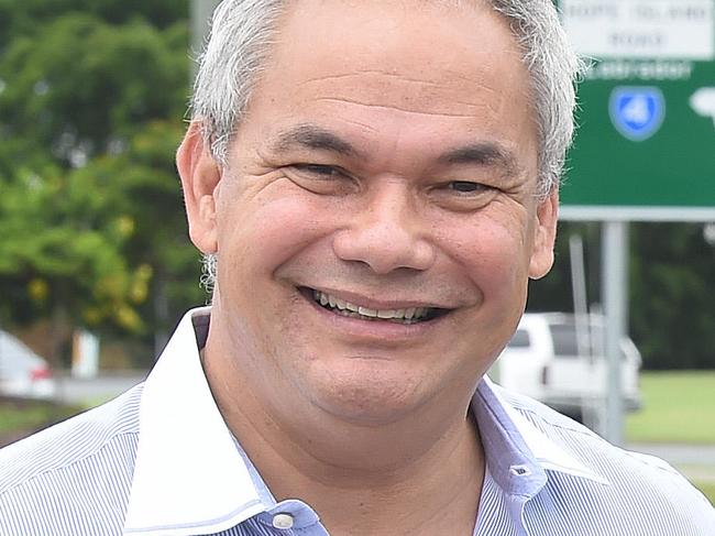 Gold Coast Mayor Tom Tate next to one of the busy arterial roads, Santa Barbara Rd, Hope Island the council has improved by adding a slip lane. Picture: Lawrence Pinder