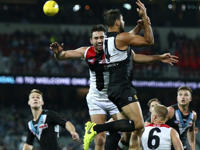 AFL - Port Adelaide v St Kilda - Round 19 - Adelaide Oval. Paddy Ryder taps to Robbie Gray (in background) who goes onto kick the winning goal. Picture Sarah Reed