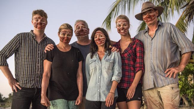 Comedian Tom Ballard, actor Nicki Wendt, TV personality Ian ‘Dicko’ Dickson, singer Natalie Imbruglia, former Miss Universe Renae Ayris and ex-One Nation politician David Oldfield on location in East Arnhem land. Picture: David Dare Parker