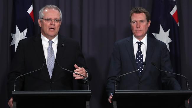 PM Scott Morrison with Attorney-General Christian Porter announcing new penalities for food tampering at Parliament House in Canberra. Picture: Kym Smith