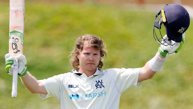 Victorian prodigy Will Pucovski celebrates his double-century against Western Australia in Adelaide. Picture: Getty Images