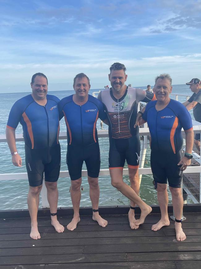 Ian Challonder, Stephen Pavic, Paul Chadwick and Matthew Kuhn at the Hervey Bay 100 Triathlon on Sunday, November 26, 2023.