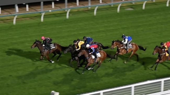 Horses in jump out at the Gold Coast Turf Club following the installation of lights. Picture: Supplied.