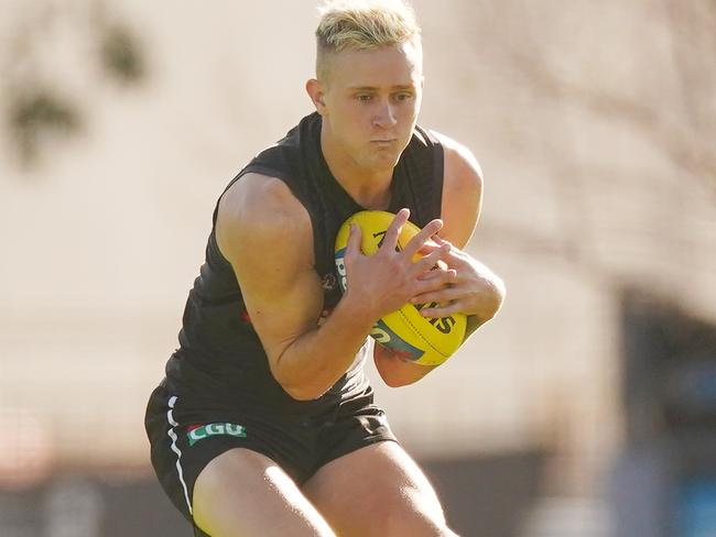 Jaidyn Stephenson marks strongly at training on Thursday.