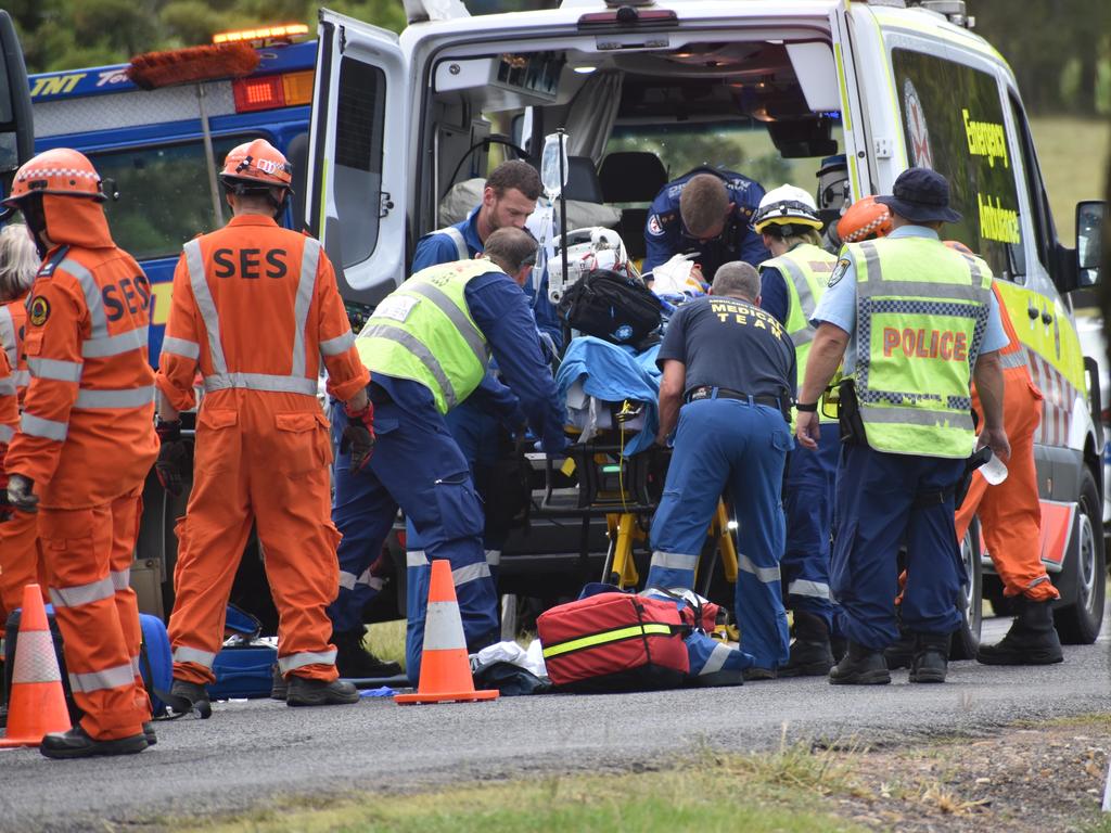 A male driver was rescued from his red sedan Mitsubishi Lancer sedan by emergency services after he crashed into a power pole and sustained serious injuries on Rogans Bridge Rd north of Waterview Heights on Thursday, 18th February, 2021. Photo Bill North / The Daily Examiner