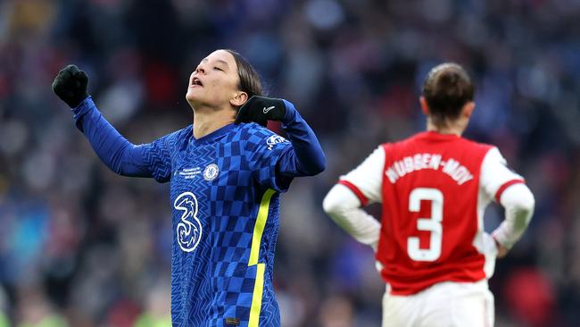 Sam Kerr celebrates after scoring her first goal in Chelsea’s 3-0 Women’s FA Cup final win over Arsenal. Picture: Alex Pantling/Getty Images