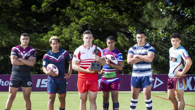 Tony Francis, Deijion Leugaimafu, Damon Somerville, Joshua Pese, Xavier Va'a and Siaosi Tonga with the Langer Cup. Picture: Renae Droop