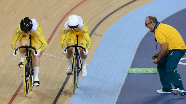 Australia's Kaarle McCulloch, left, and Anna Meares ride during the qualifying round of the women's team sprint in London in 2012.