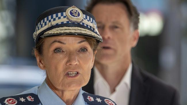 SYDNEY, AUSTRALIA - NewsWire Photos - JANUARY 12, 2025: NSW Premier Chris Minns and Police Commissioner Karen Webb at St George Police Station provide an update on police investigations into antisemitic vandalism across Sydney. Picture: NewsWire / Simon Bullard.