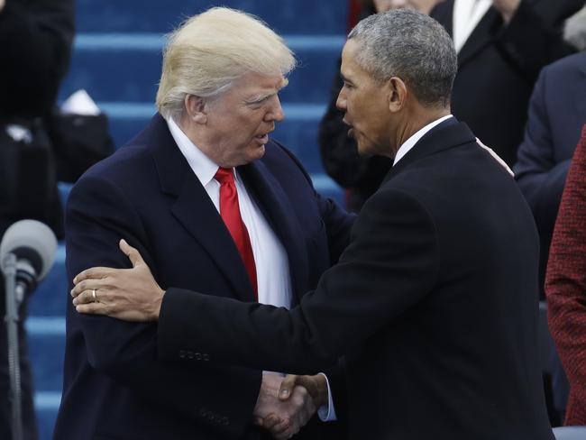 President Donald Trump shakes hands with President Barack Obama before the 58th Presidential Inauguration at the U.S. Capitol in Washington on January. 20, 2017. Picture: AP