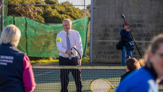 Mr Morrison enjoys a game of tennis as part of his multisport campaign strategy. Picture: Jason Edwards