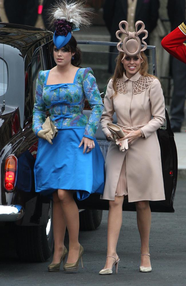 Eugenie and Beatrice’s hats at Kate and William’s wedding. Picture: Supplied