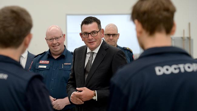 Daniel Andrews meets paramedics at North Melbourne Ambulance station. Picture: NCA NewsWire / Andrew Henshaw