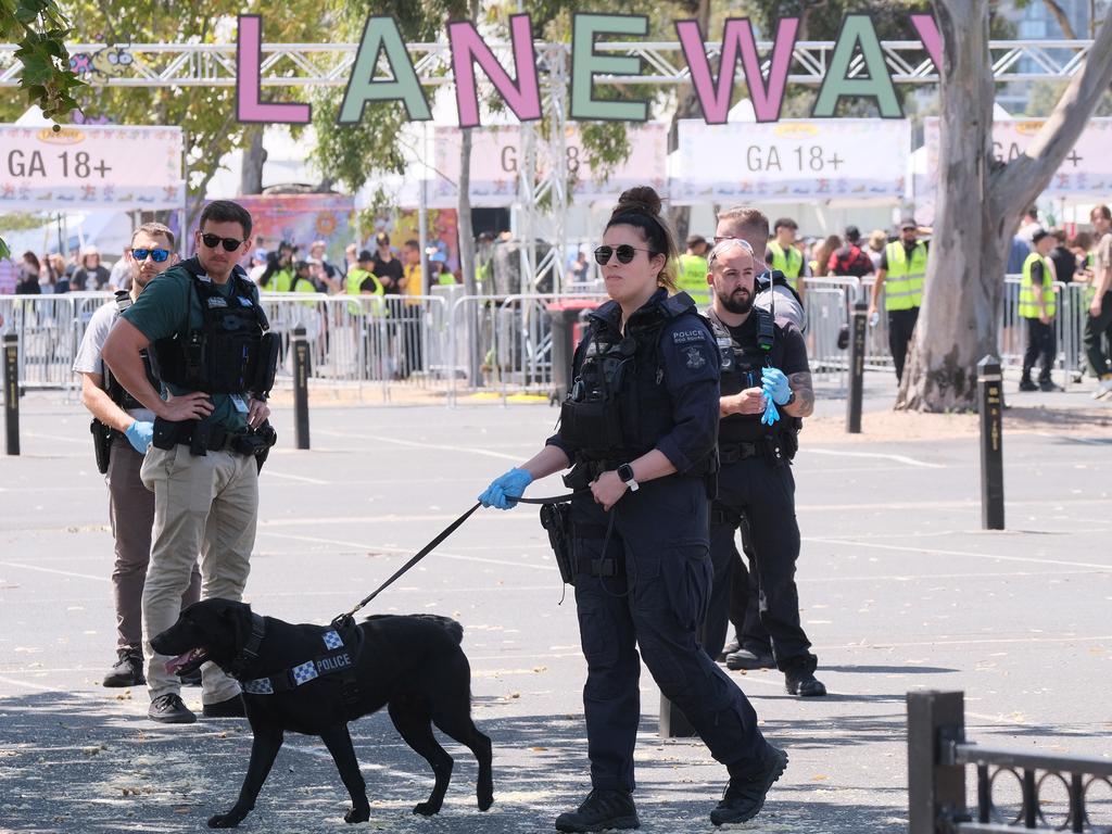 MELBOURNE AUSTRALIA – NewsWire Photos FEBRUARY 10, 2024: Police check music fans as they arrive at the 2024 St Jerome's Laneway Festival at The Park in Melbourne's Flemington. Picture: NCA NewsWire / Luis Enrique Ascui