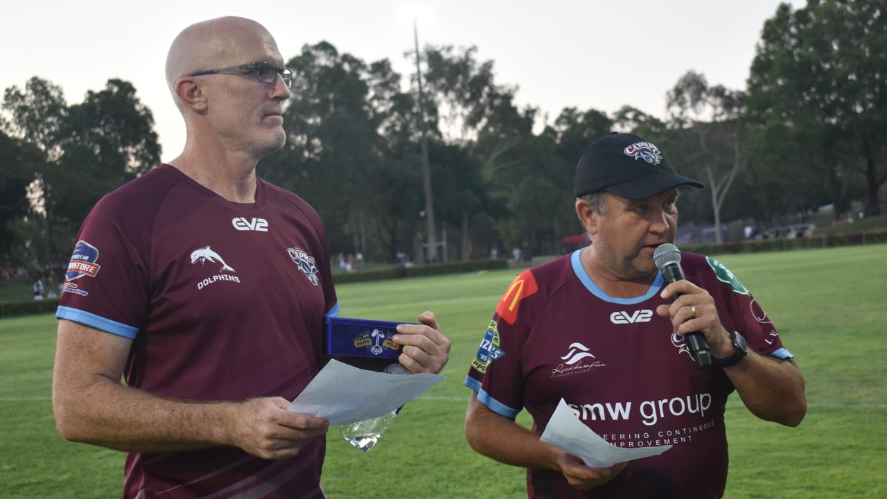 Commentators Scott Minto and Mick Busby at the Capras versus Comets Legends game at Rugby Park, Rockhampton, on October 26, 2024.