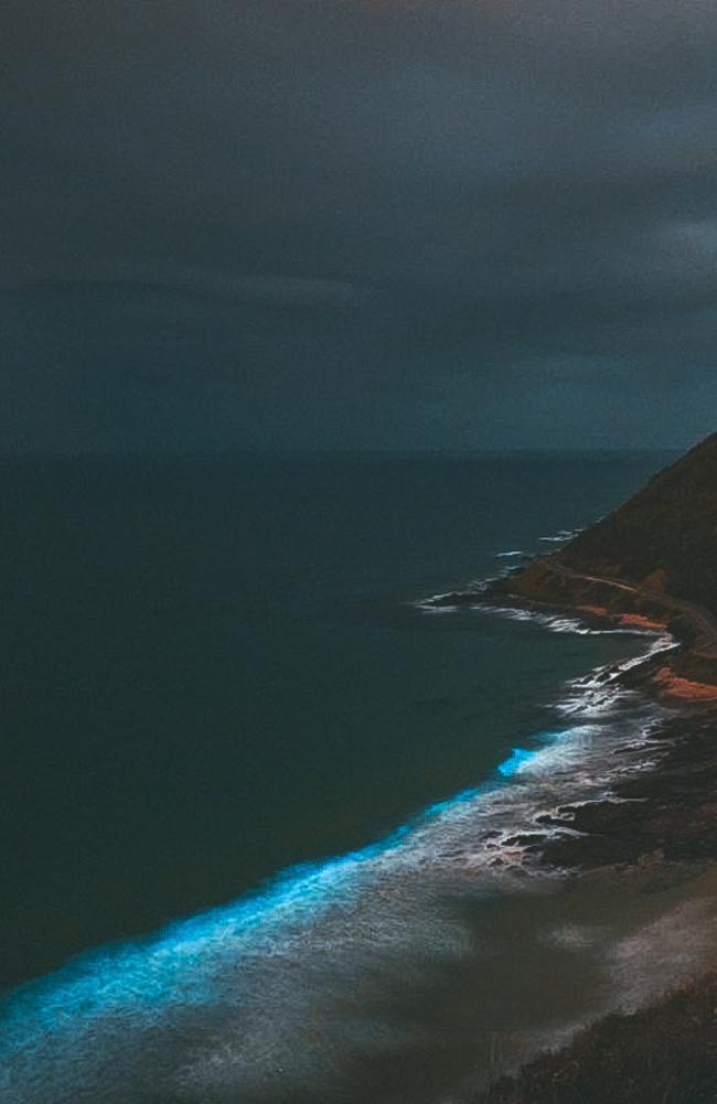 Bioluminescent waves light up the shore at Teddy's Lookout, Lorne. Picture: Arun Chandran