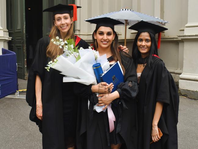 Dr Kirsten (MD Doctor of Medicine), Dr Navrit Brar (MD Doctor of Medicine) and Dr Sihara (MD Doctor of Medicine) at the University of Melbourne graduations held at the Royal Exhibition Building on Saturday, December 7, 2024. Picture: Jack Colantuono