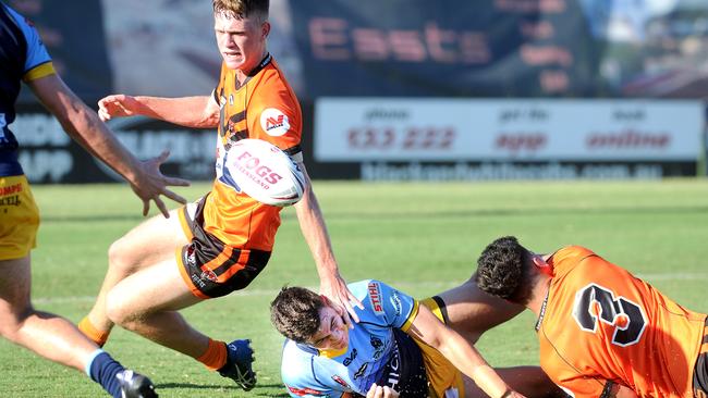 Norths 11 Angus Hinchey looses the ball Unnder 18 Mal Meninga Cup rugby league match between Brisbane Tigers and Norths. Saturday March 13, 2021. Picture, John Gass