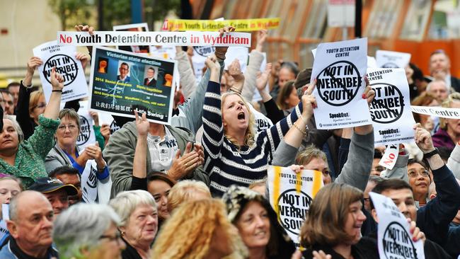 Locals gather to protest against the building of a youth justice centre in Werribee. Picture: Jake Nowakowski