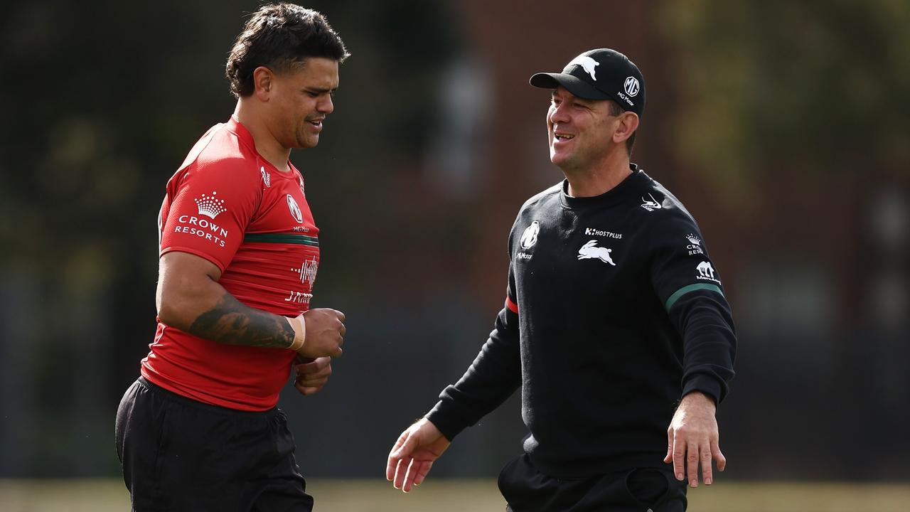 Jason Demetriou interacts with Latrell Mitchell during a Rabbitohs training session at Redfern Oval. Picture: Getty Images