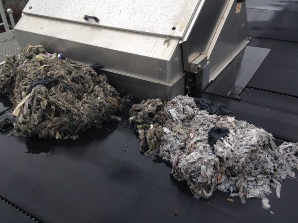 Wet wipes taken from the Brisbane’s sewerage network after a blockage. Picture: News Corp