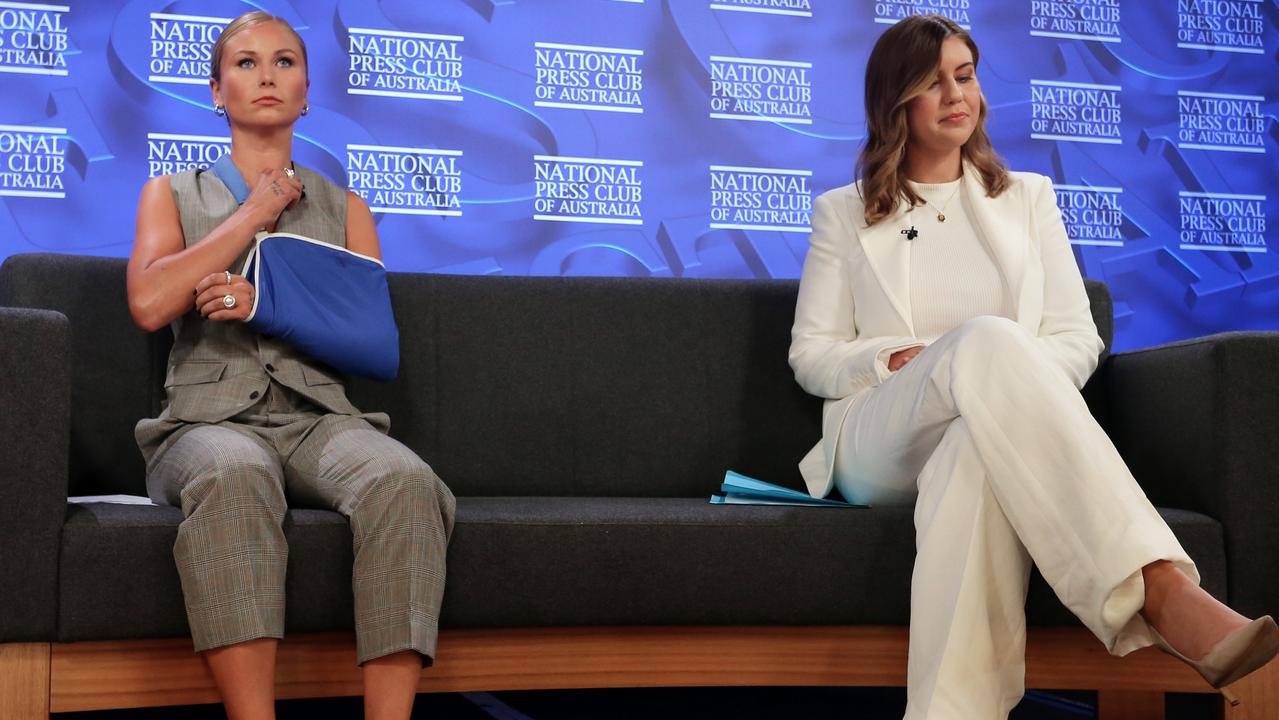 2021 Australian of the year Grace Tame and Brittany Higgins addressed the National Press Club on February 9, 2022. Picture: Lisa Maree Williams/Getty Images