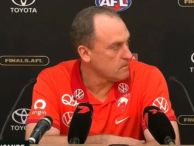 John Longmire's nightmare kept going well after the final siren. Photo: Fox Footy.