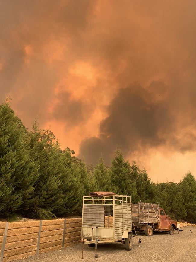 The 2019 fires roaring toward Helen Attard’s Bilpin home. Picture: supplied