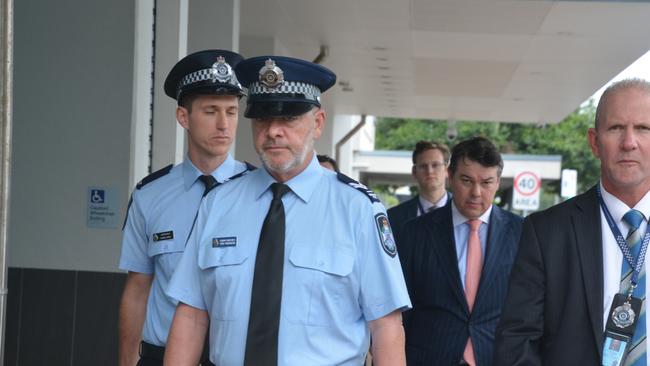 Queensland Police entering Cairns Court House for the inquest into the police shooting death of Luke Gilbert, 24, at Airlie Beach on October 1, 2022. Picture: Bronwyn Farr