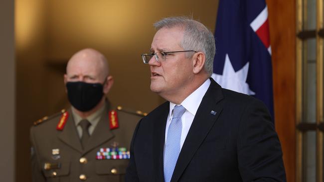 Prime Minister Scott Morrison holds a press conference at Parliament House in Canberra on Sunday. Picture: NCA NewsWire / Gary Ramage