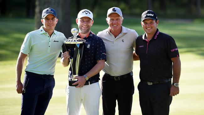 Carlos Ortiz, Branden Grace, Greg Norman and Patrick Reed pose with the trophy after the LIV Golf Invitational. Picture: Steve Dykes/Getty Images