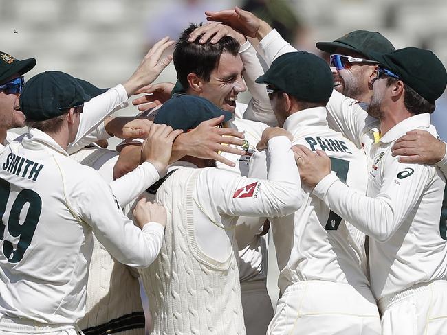 BIRMINGHAM, ENGLAND - AUGUST 05: Pat Cummins of Australia celebrates after taking the wicket of Rory Burns of England during day five of the 1st Specsavers Ashes Test between England and Australia at Edgbaston on August 05, 2019 in Birmingham, England. (Photo by Ryan Pierse/Getty Images) *** BESTPIX ***