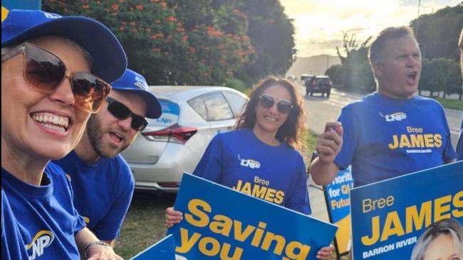 A since deleted Facebook post of Bree James (far left) pictured with the LNP's former Far North chairman, Michael Trout (far right). The photo is no longer on Ms James' social media page.