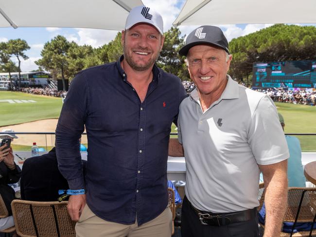 February 15, 2025: Deputy Leader of the Victorian Liberal Party Sam Groth with Greg Norman at Liv Golf Adelaide. Picture: Kelly Barnes