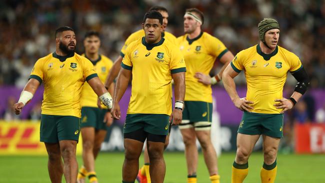 Silatolu Latu (left), Scott Sio (centre) and David Pocock (right) during the Rugby World Cup 2019 Quarter Final match between England and Australia at Oita Stadium on October 19. Picture: Getty Images