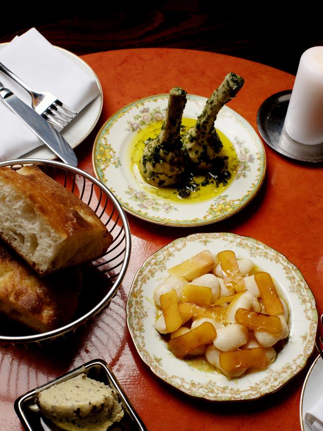 Artichoke alla romana, fagioli e bottarga, focaccia at Pellegrino 2000, Sydney. Picture: Nikki Short