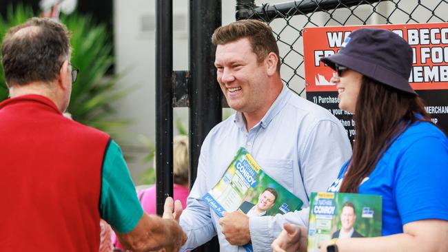 Liberal candidate Nathan Conroy campaigning in Frankston for the upcoming Dunkley by-election. Aaron Francis / Herald Sun