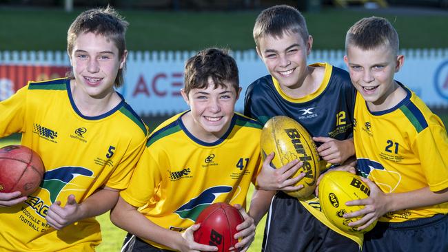 Woodville-West Torrens under-13 players Seth Benke, Cooper Aiello, Jake Neilson and Levi Storti. The Eagles’ SANFL Development League games against Norwood will be live streamed by The Advertiser this Thursday night. Picture: Mark Brake