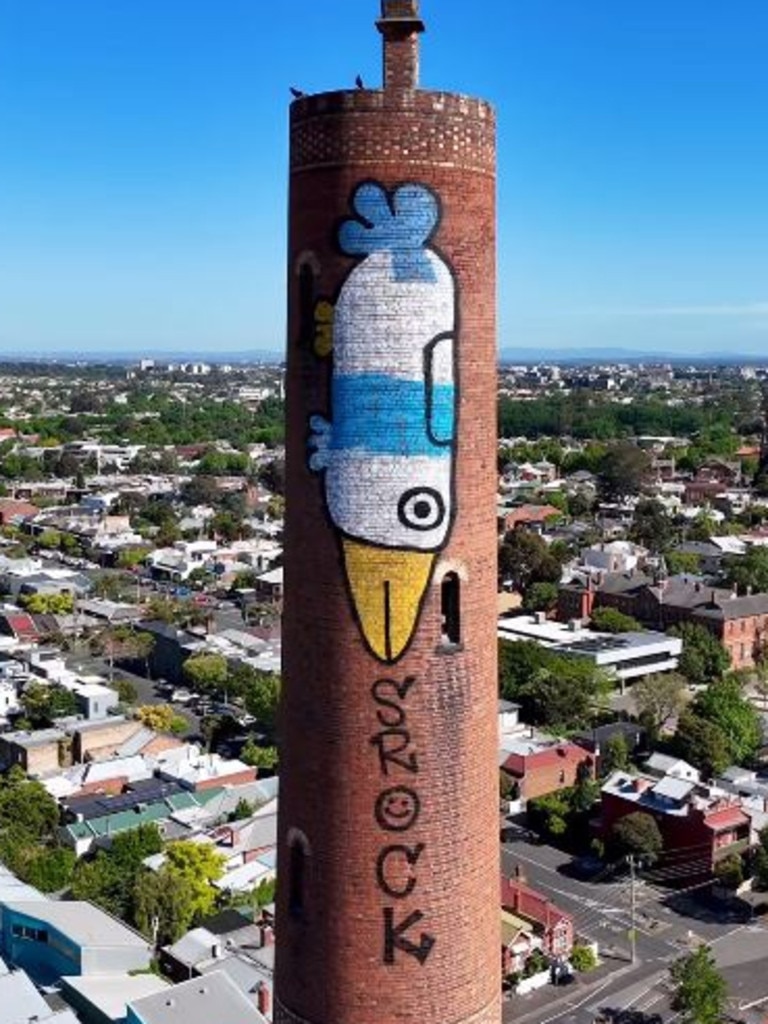 A Pam the Bird on an old commercial chimney in the Melbourne suburb of Clifton Hill. Picture: Supplied