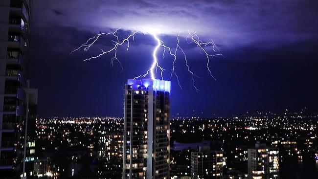 Lightning photographed on the Gold Coast from Surfers Paradise in late 2018. Picture: Nigel Hallett