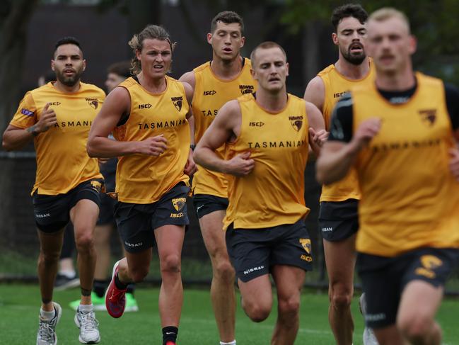 MELBOURNE , AUSTRALIA. November 20, 2023. AFL . Hawthorn footy training at Waverly Park .   Jack Ginnivan doing extra running during todays session   . Pic: Michael Klein