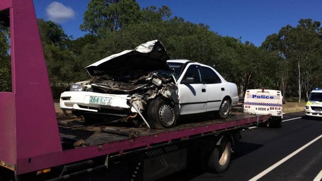 A Toyota Camry is towed after it collided on the Bruce Hwy at Chatsworth Tuesday morning. Picture: Jacob Carson