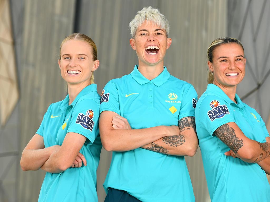 Happy about their inclusion in the Matildas squad are (from left) Kaitlyn Torpey, Michelle Heyman and Chloe Logarzo. Picture: Josh Chadwick/Getty Images